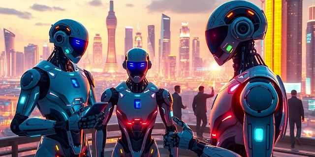 Futuristic city with robots interacting with humans