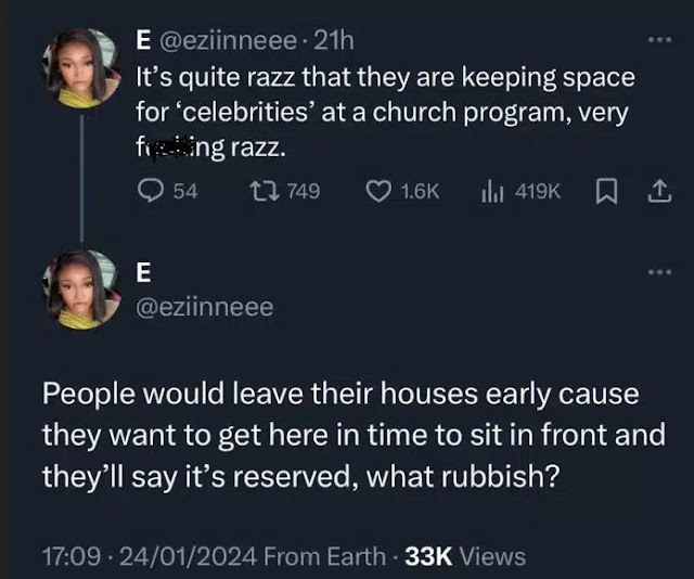 Woman Criticizes Churches for Holding Up Seats in Front of Celebrities