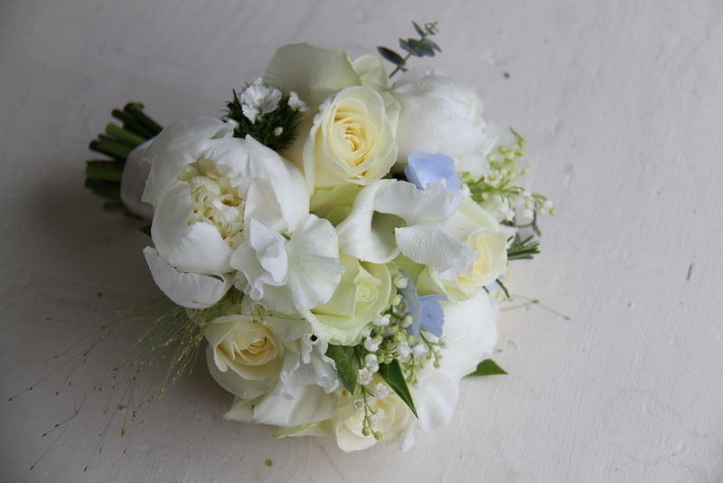 Beautiful Ivory and Pale Blue Wedding bouquet including White Peonies 