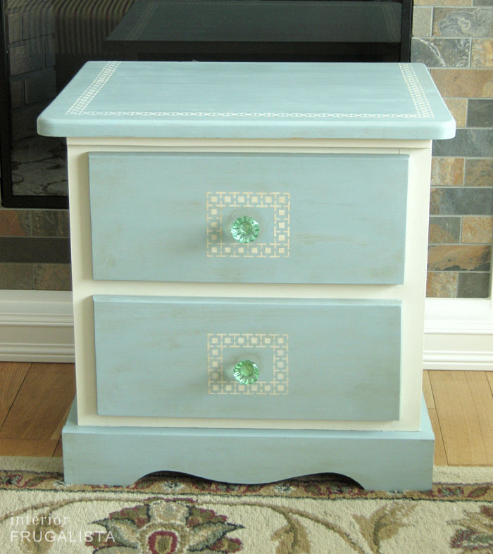 A pine bedside table upcycle with Greek key detail.