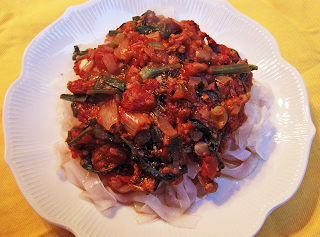 Plated Miracle Noodles with Red and Green Sauce