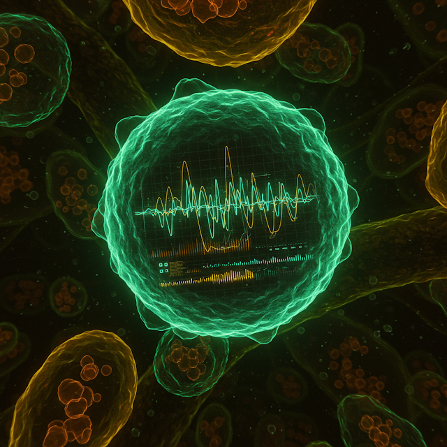 Abstract plant cells seen through an electron microscope, each containing musical visualizations such as waveforms, oscillators, and rhythmic sequences. Neon green and teal colors glow against a dark, cosmic background.