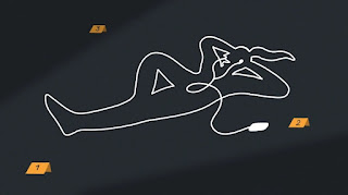 chalk outline of a woman at a crime scene listening to a podcast on earphones