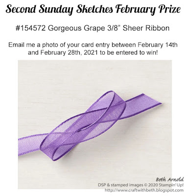 Craft with Beth: Stampin' Up! 154572 Gorgeous Grape 3/8" Sheer Ribbon February 2021 Second Sunday Sketches #22 card challenge sketch challenge prize graphic