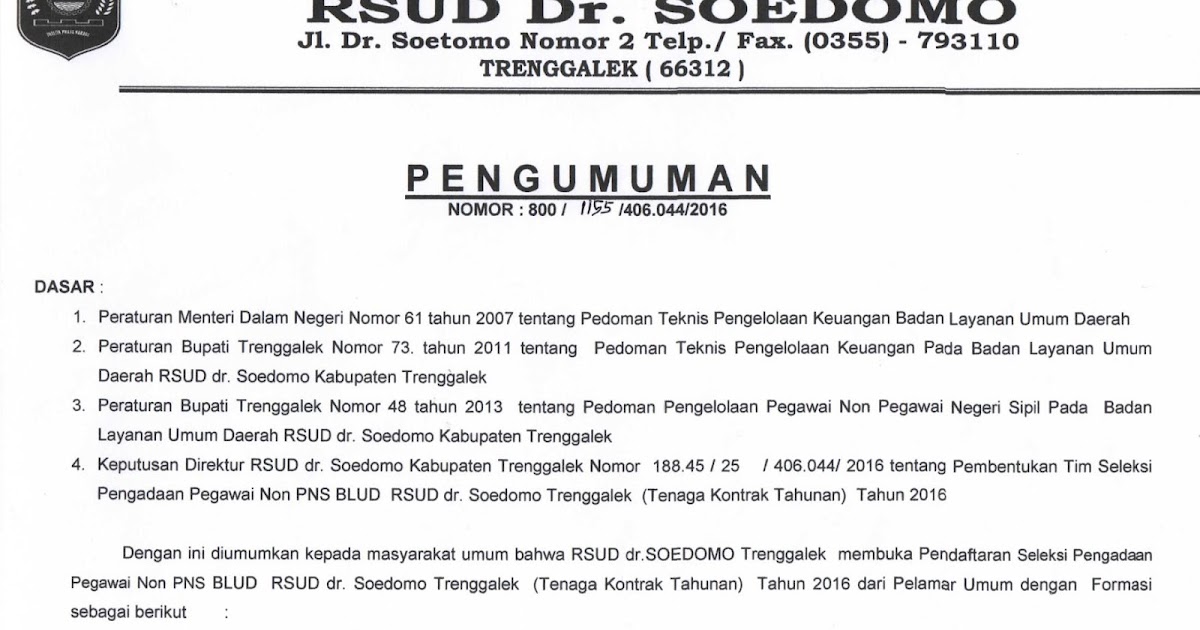 Lowongan Kerja Non PNS di RSUD Kabupaten Trenggalek, Jawa 