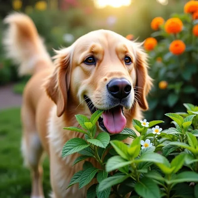 A happy dog sniffing a bunch of mint leaves in the garden.