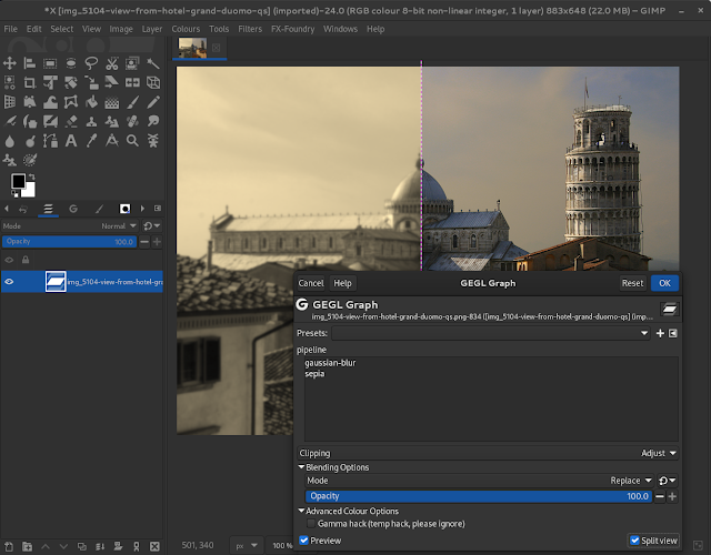 Screenshot of GIMP with the GEGL Graph plug-in active, showing a pipeline of gaussian-blur followed by sepia. The image is of Pisa cathedral in Italy.
