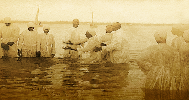 Photoshop adaptation - "Wade in the Water."- River Baptism Postcard - North Carolina (near the turn of the 20th century)