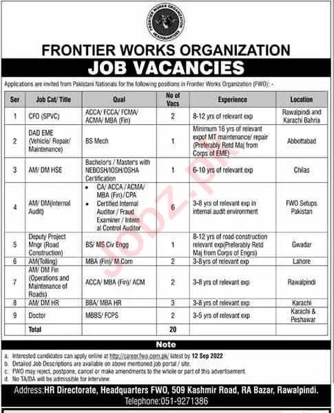 Frontier work organization FWO latest jobs in August and September