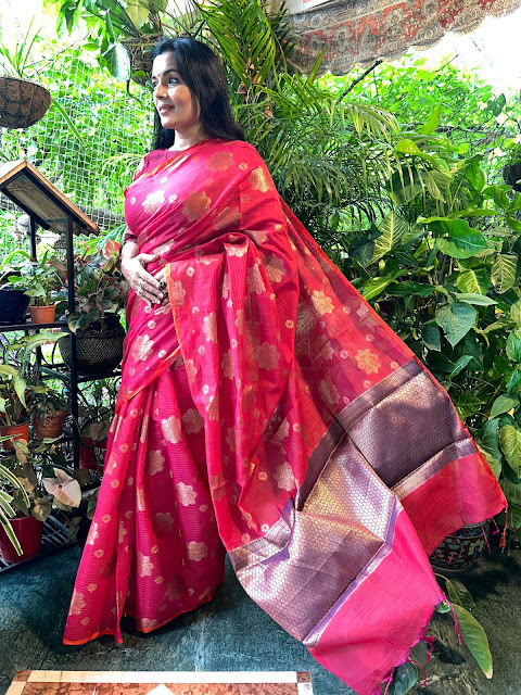 Pink cotton saree with zari