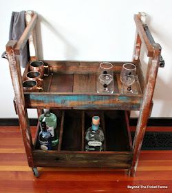 bar cart, wheels, rustic, industrial, salvaged wood, pallet wood, shelf, http://goo.gl/vDoqBv