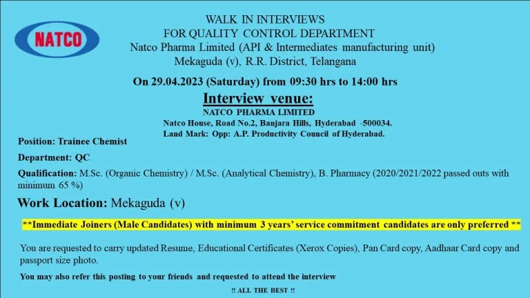 Natco Pharma Walk In Interview For Fresher MSc Organic Chemistry/ Analytical Chemistry/ B Pharm - 2020/ 2021/ 2022 Passouts