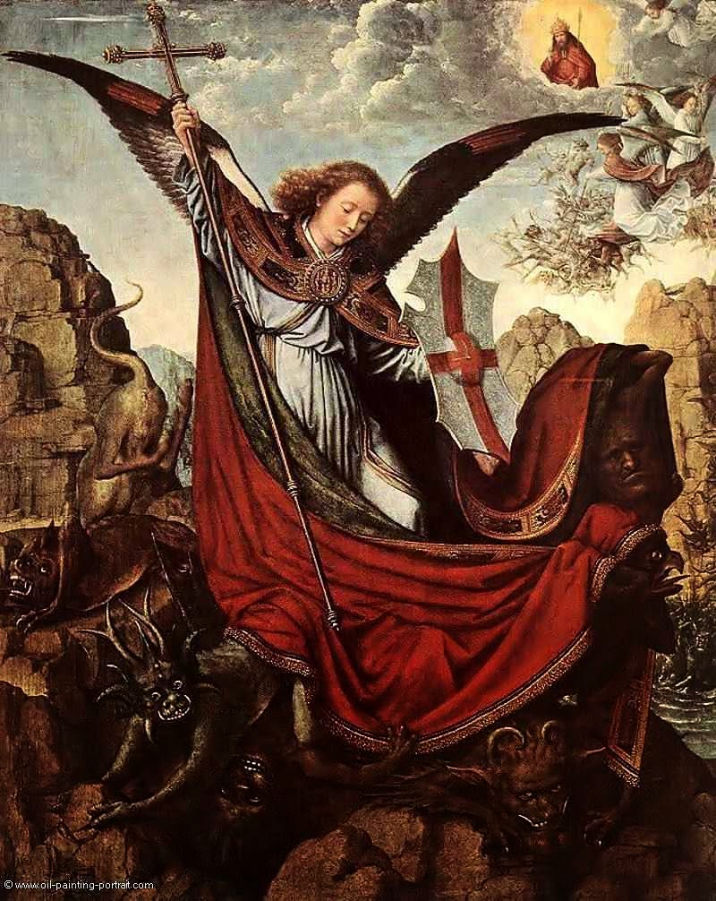 “E houve uma grande batalha no céu”. São Miguel Arcanjo.  Gérard David  (1460 — 1523), Kunsthistorisches Museum, Viena