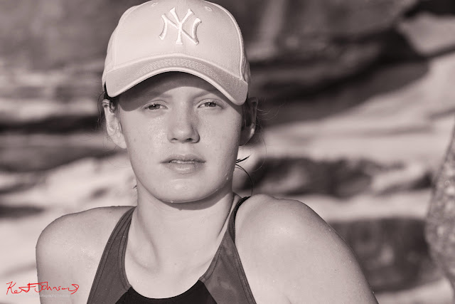 Black and white modelling portfolio head shot at the beach for a teen model - Photography by Kent Johnson