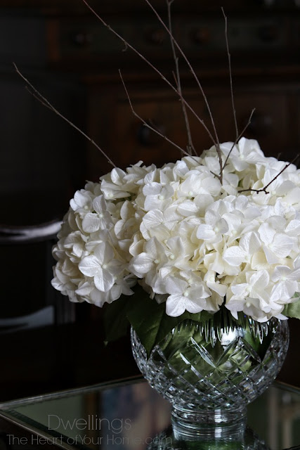 Hydrangea and twig dining room centerpiece.