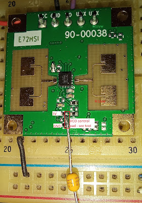 Detail picture of accessible VCO control pads to change the frequency of the radar module.