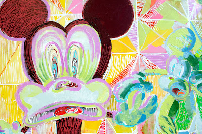 This is a detail of the painting Mickey Puke by Dawn Hunter, it highlights the texture and painterly aspects of the painting.