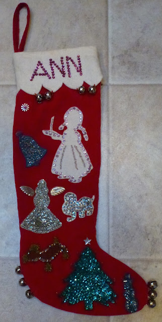 Velveteen Christmas stocking with beads, sequins, jingle bells.