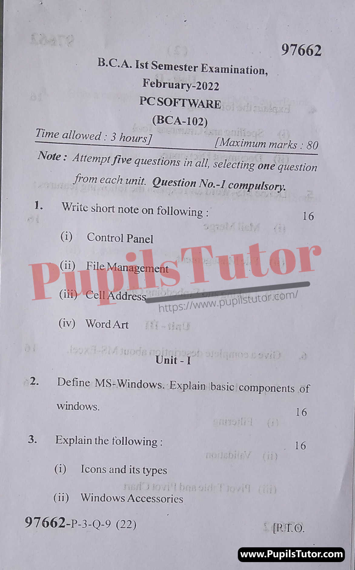 MDU (Maharshi Dayanand University, Rohtak Haryana) BCA Regular Exam First Semester Previous Year PC Software Question Paper For February, 2022 Exam (Question Paper Page 1) - pupilstutor.com