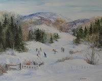 Christmas vacation, 16 x 20 oil painting by Clemence St. Laurent - children skating and playing hockey on a frozen pond in the countryside
