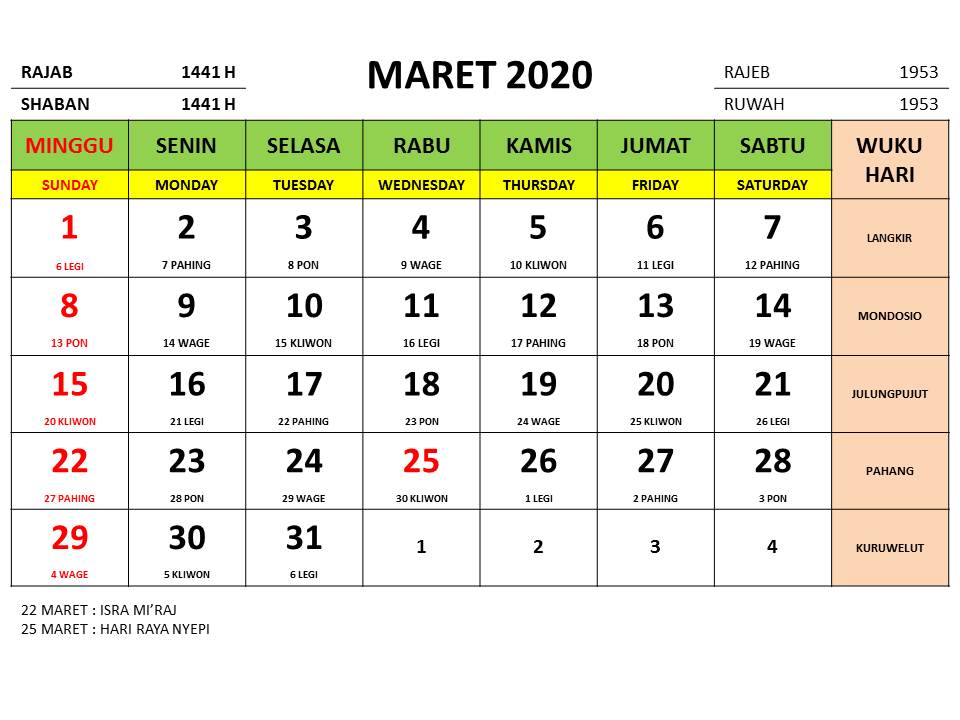  KALENDER 2020 INDONESIA JAWA LENGKAP 12 BULAN DENGAN GAMBARNYA