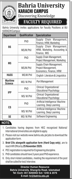 Bahria University Karachi Latest Jobs in Pakistan - Download Job Application Form - www.bahria.edu.pk/jobs