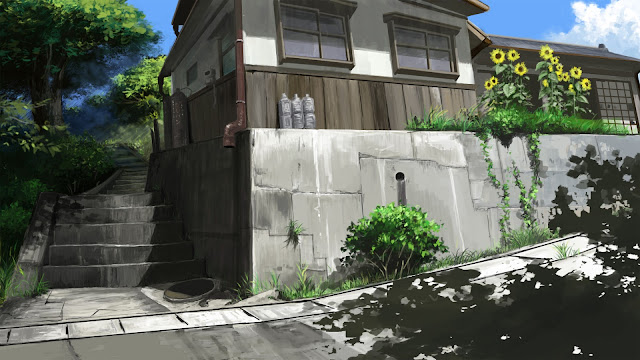 Cute anime street with stairs & sunflowers landscape background