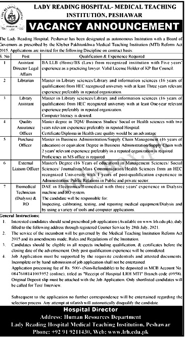 Lady Reading Hospital LRH Latest Jobs 2021