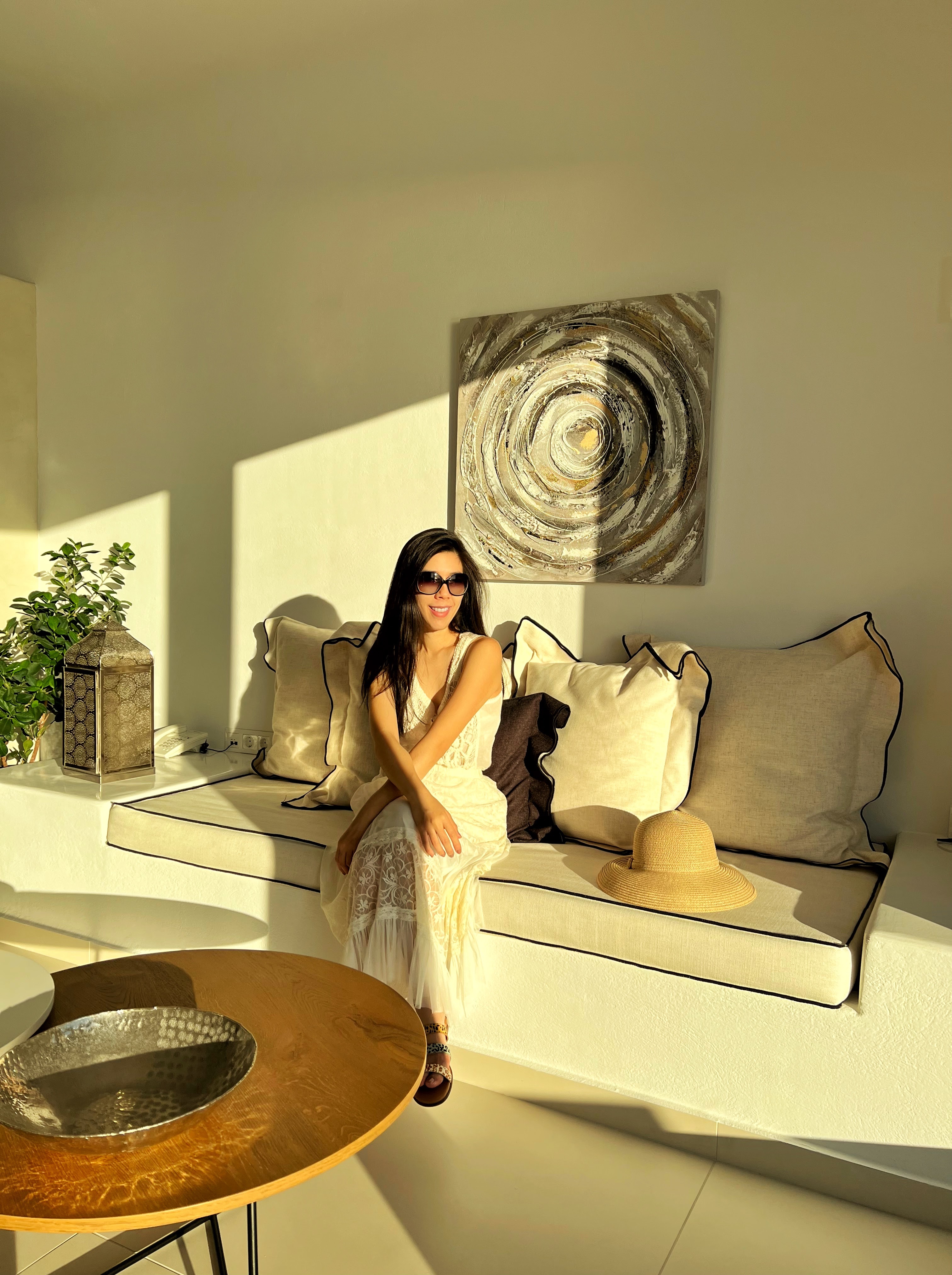 Adrienne Nguyen_Sunrise in Santorini_White Outfit in Santorini_Outfit Ideas for Santorini_Imerovigli_Interior Design Ideas_Mardanza Exclusive Deluxe Private Villa with Pool and Sea View