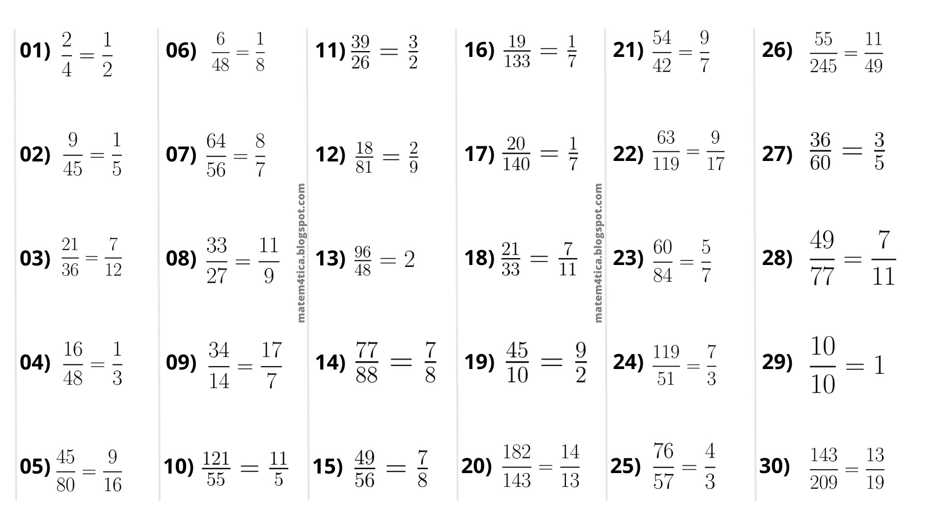 Respostas dos exercicios de simplicificação de fração