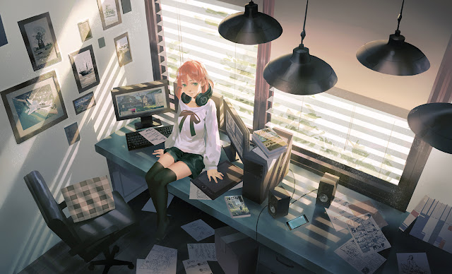 Anime Girl & Computer PC Desktop Wallpaper