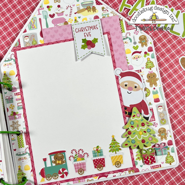 Christmas House Shaped Scrapbook Album page with Santa, a train, and a Christmas tree
