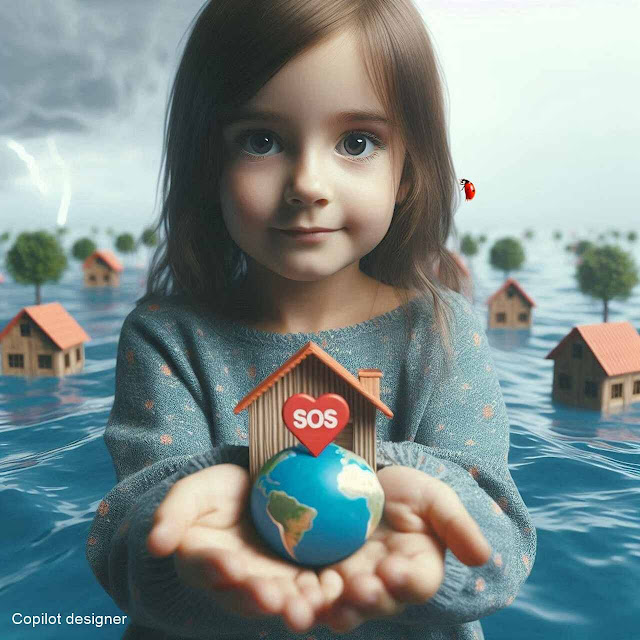 Cidade inundada como fundo e à frente uma menina segura nas mãos um pequeno globo terrestre, uma pequena casa acima da qual se encontra um coração com a inscrição SOS.