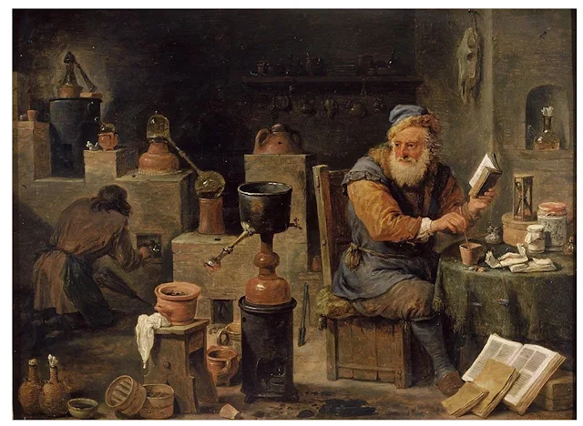 hourglass or sandglass seen from a 17th century oil painting on wooden panel entitled "The Alchemist" by David Teniers the Younger