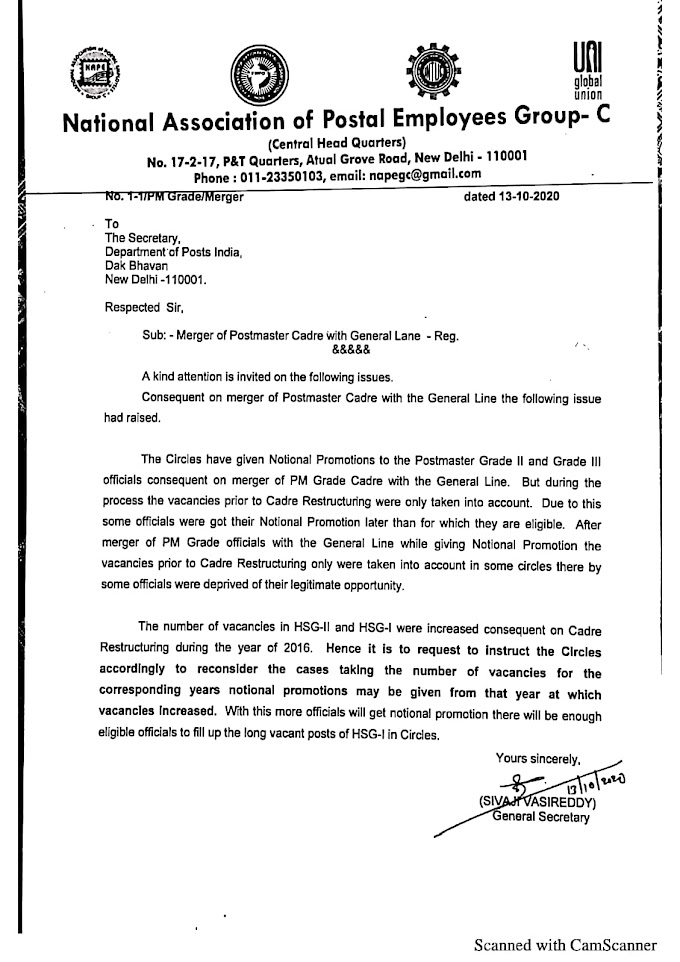 Merger of Postmaster Cadre with General Lane -Reg : GS NAPE Gc letter to Secretary,DoP.