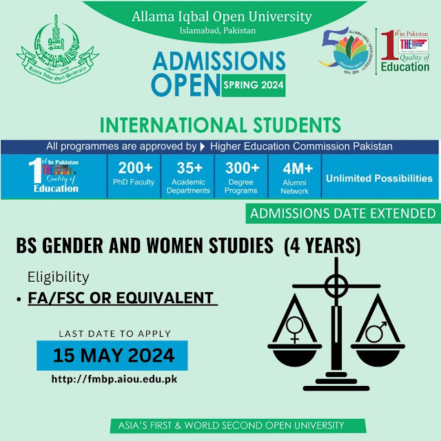 Image announcing the admission for BS Gender and Women Studies program at Allama Iqbal Open University for Spring 2024, with a focus on women's empowerment and gender equality