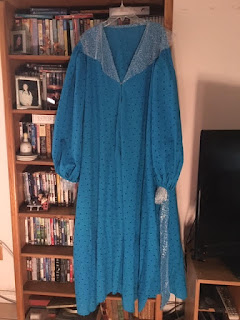 Eyelet Peacock/Teal full length robe with silver color, sleeve ruffle and belt