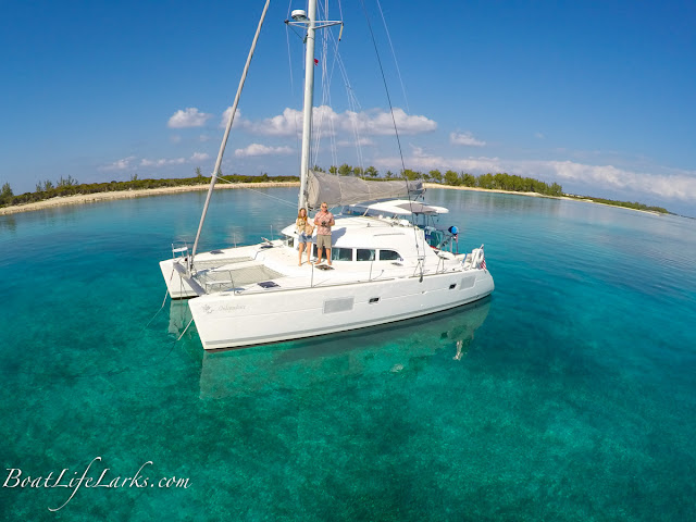 Lagoon 380 sail catamaran at anchor, Dollar Harbour, South Cat Cay, Bahamas
