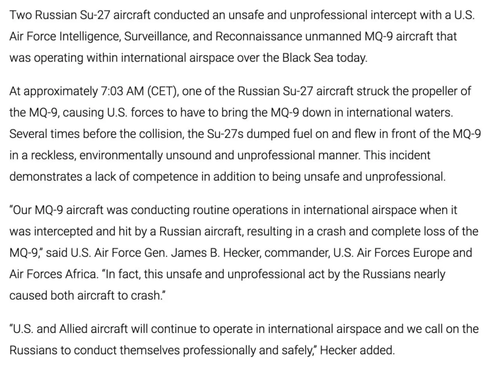 Russia Warns the United States About Continued Support for Ukraine By Downing MQ9 Reaper