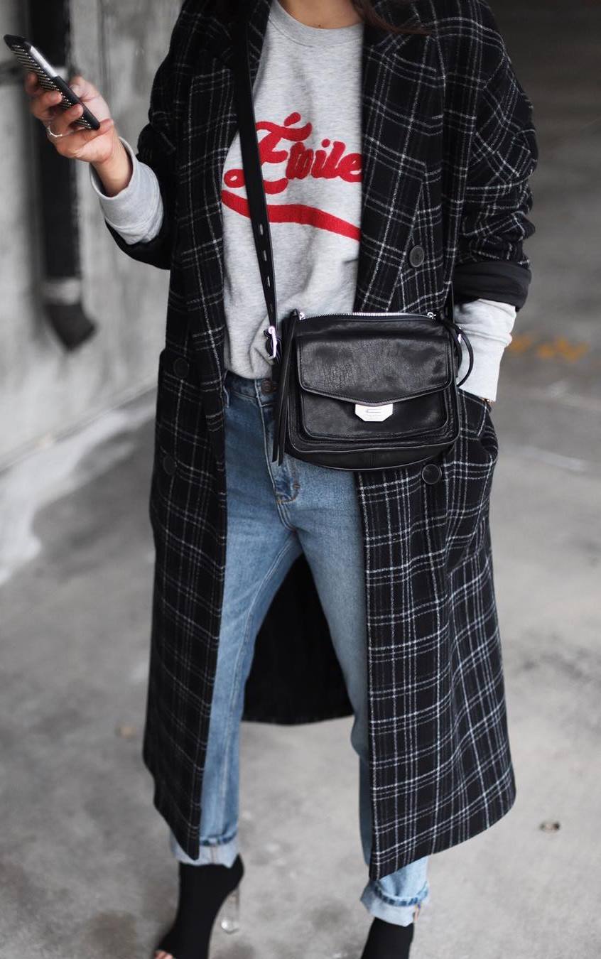 how to style a plaid coat : printed sweatshirt + boyfriend jeans + black boots + bag