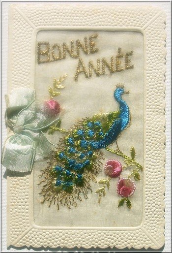 Carte ancienne brodée Bonne Année Paon