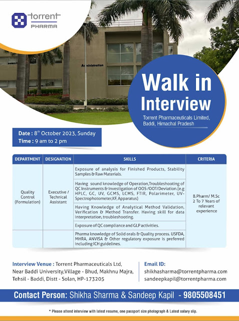 Torrent Pharmaceuticals | Walk-in interview for Quality Control on 8th Oct 2023