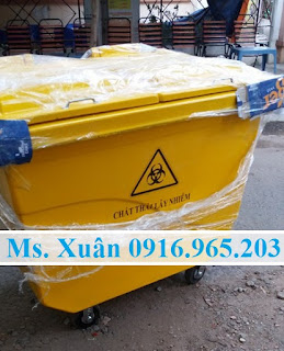 Xe gom rác 660 lít 4 bánh màu vàng nhựa composite đựng rác thải lây nhiễm