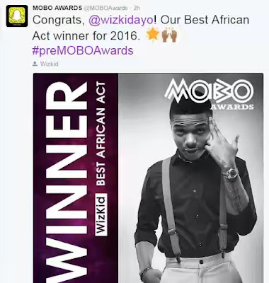 Wizkid Wins Best African Act At MOBO Awards 2016