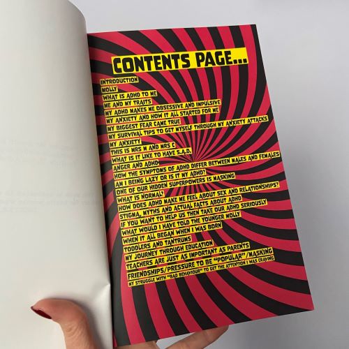 Contents page for the book - red and black stripes with black text in yellow highlighted boxes