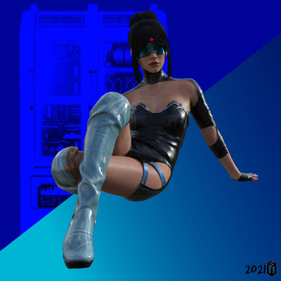 DAZ Model Delta Blue posiert sitzend im Sci Fi Anzug