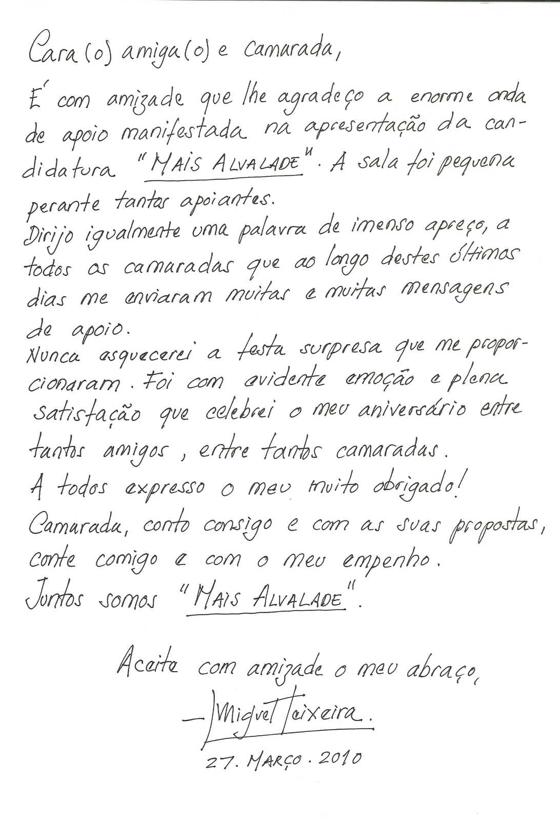 Mensagem de Agradecimento aos Militantes  Mais Alvalade 