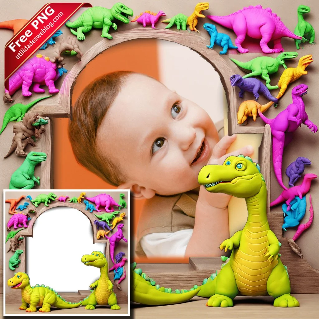 marco para fotos con dinosaurios de plastico o plastilina en png con fondo transparente para descargar gratis