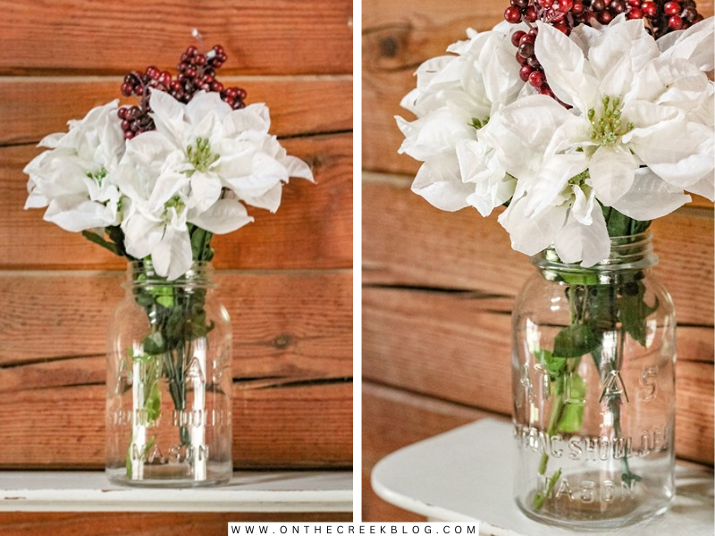 Simple & easy Christmas decorating using old mason jars & Dollar Tree flowers! | on the creek blog // www.onthecreekblog.com