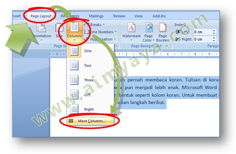 Gambar: Cara memunculkan dialog column untuk mengatur format kolom tulisan di Microsoft Word 2007